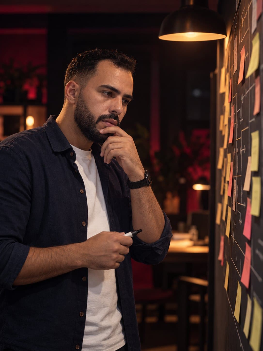 Ayoub Jouini studying a product roadmap of sticky notes