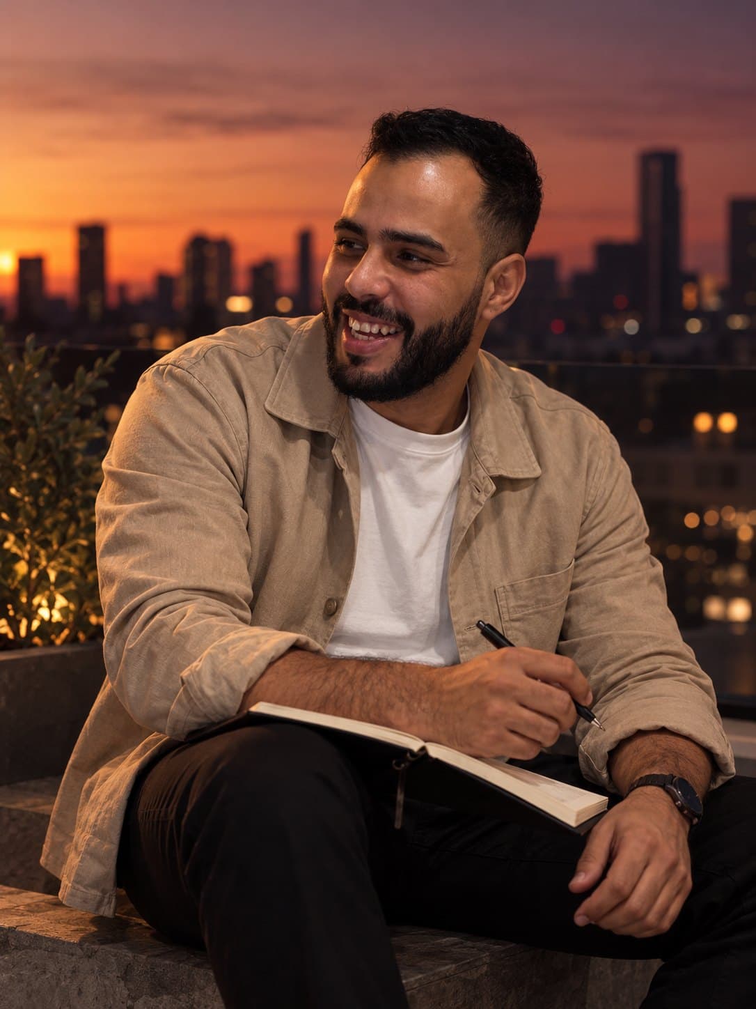 Ayoub Jouini laughing with a notebook on a rooftop at dusk